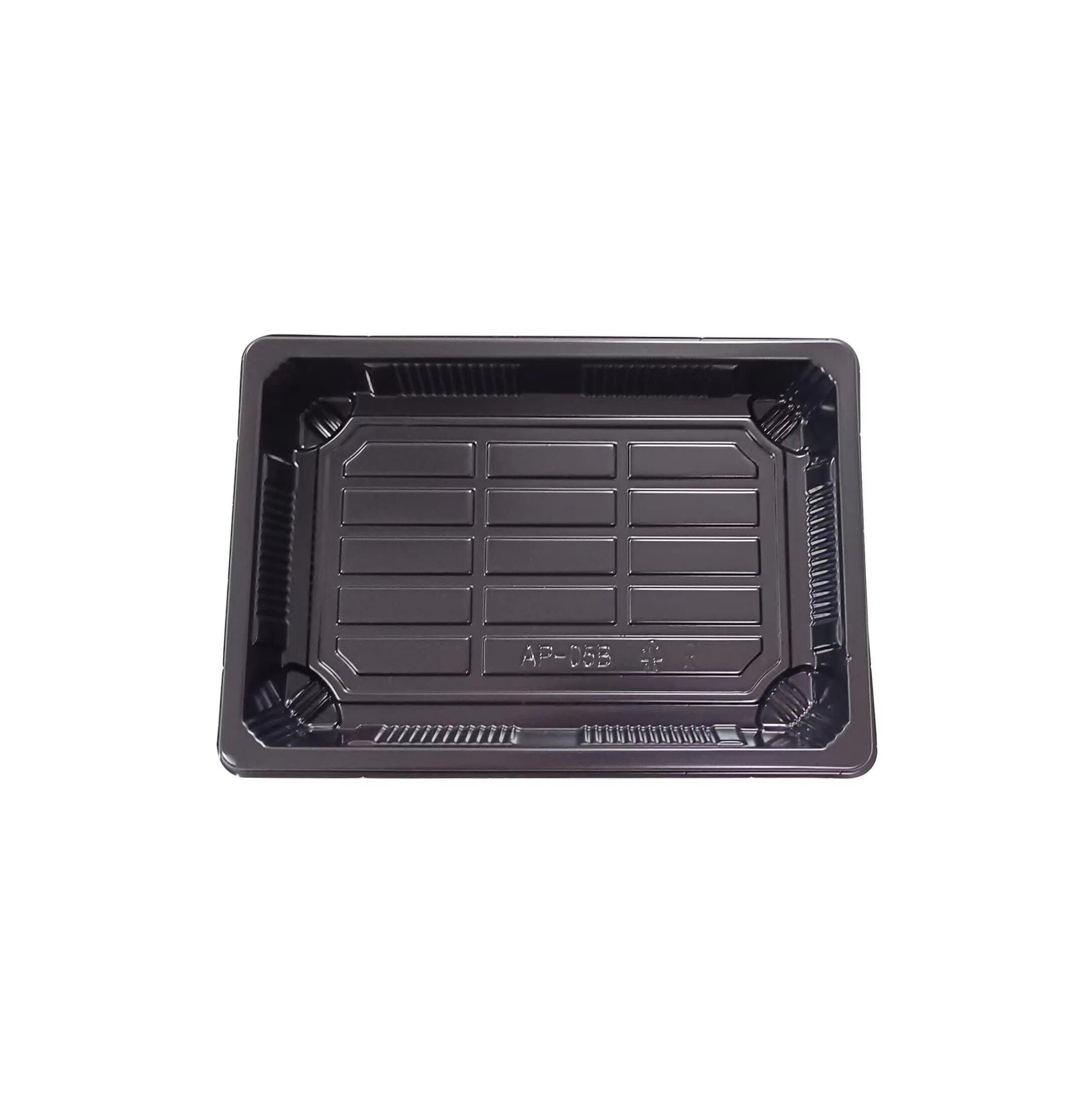 AP05-1 Plateau rectangulaire plastique noir pour vente à emporter de nourriture japonaise avec couvercle transparent en PET