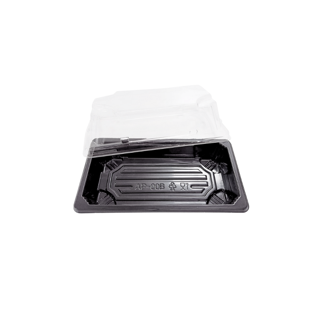 AP00 (2) Barquette rectangulaire en plastique noir pour sushi avec couvercle en PET