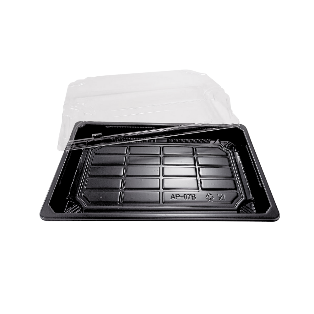 AP07 (2) Barquette sushi rectangulaire plastique noir pour vente à emporter de nourriture japonaise avec couvercle transparent en PET