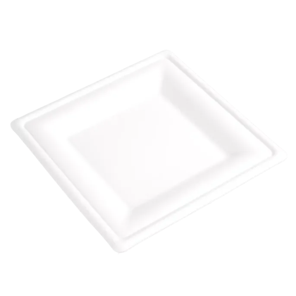 TP010 (2) Assiette carrée en pulpe de canne blanche pour tout type de réception. Assiette 100% biodégradable et compostable