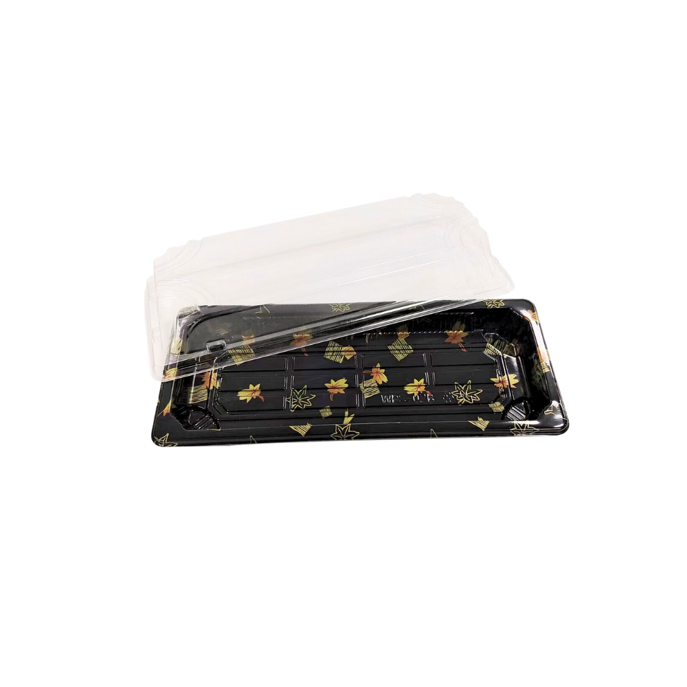 WP01 (2) Barquette rectangulaire plastique noire avec motifs feuilles d'automne pour vente à emporter de nourriture japonaise