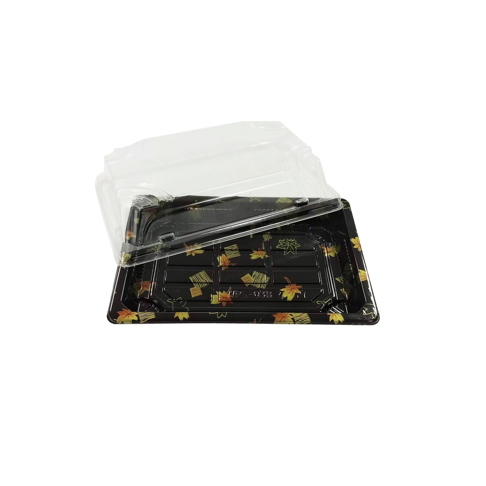 WP03-1 Barquette rectangulaire plastique noire avec motifs feuilles d'automne pour vente à emporter de nourriture japonaise