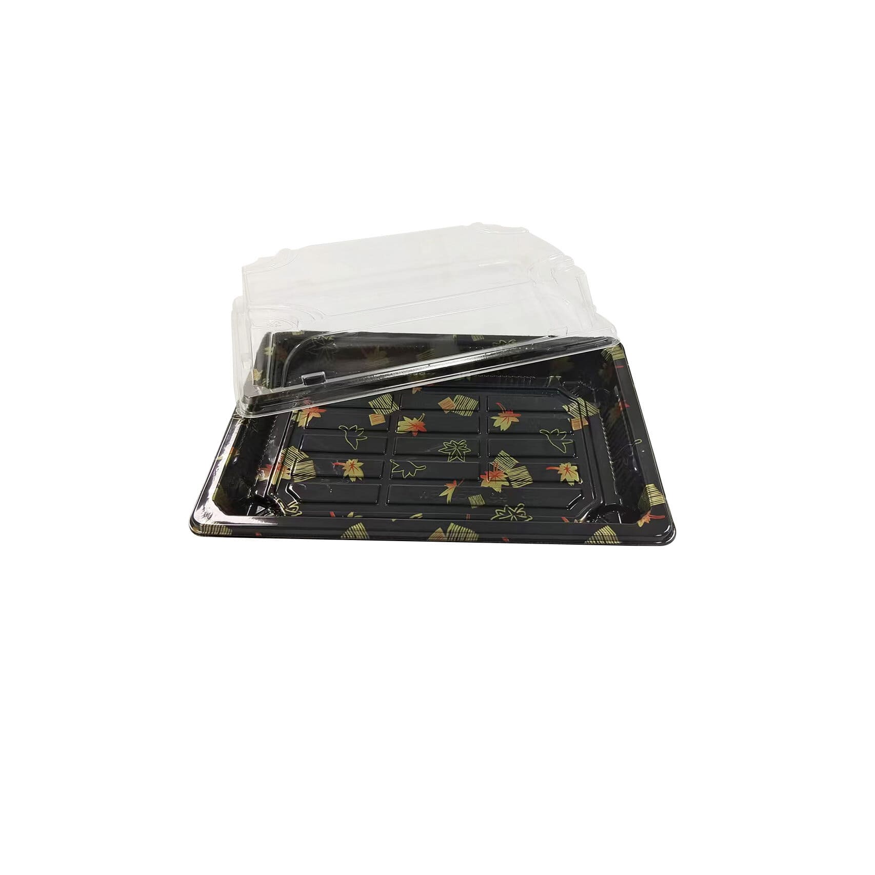 WP05-1 Barquette rectangulaire plastique noire avec motifs feuilles d'automne pour vente à emporter de nourriture japonaise