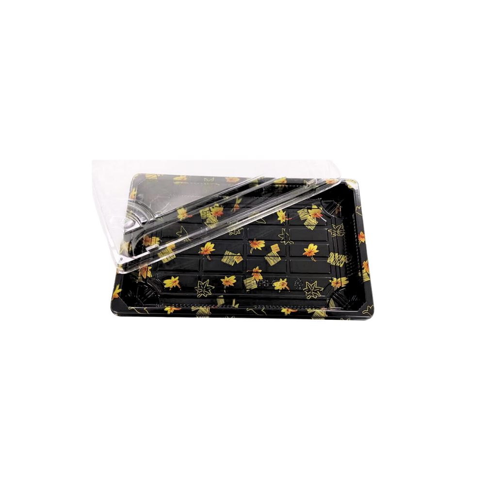 WP07 (2) Barquette rectangulaire plastique noire avec motifs feuilles d'automne pour vente à emporter de nourriture japonaise